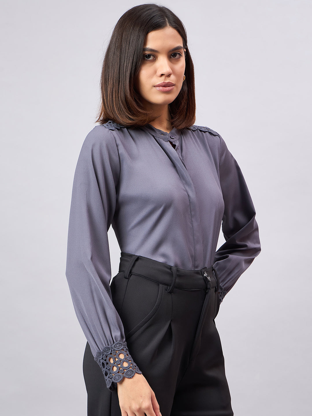 Style Quotient Women Solid Grey Polymoss Regular Fit Formal Shirt-Shirts-StyleQuotient