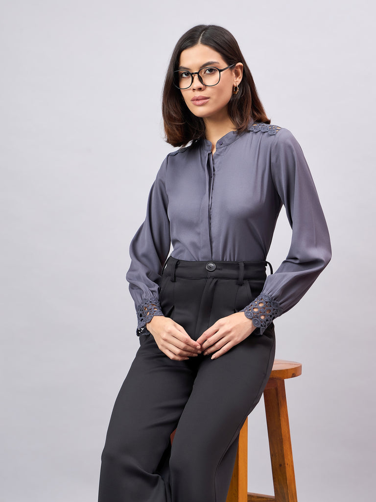 Style Quotient Women Solid Grey Polymoss Regular Fit Formal Shirt-Shirts-StyleQuotient