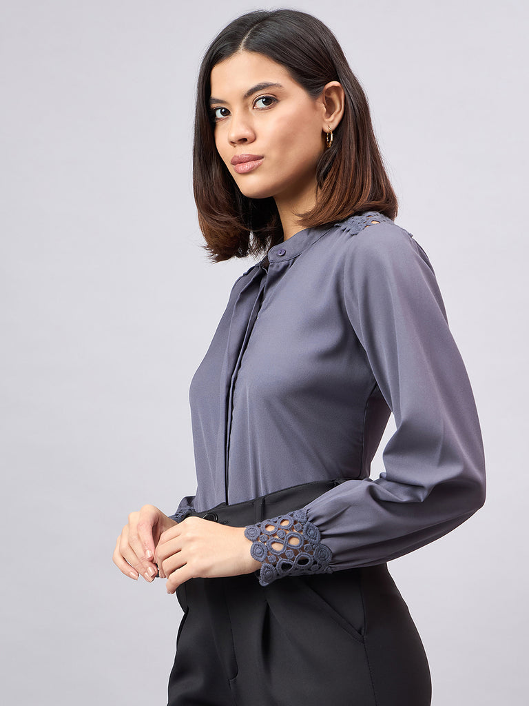 Style Quotient Women Solid Grey Polymoss Regular Fit Formal Shirt-Shirts-StyleQuotient