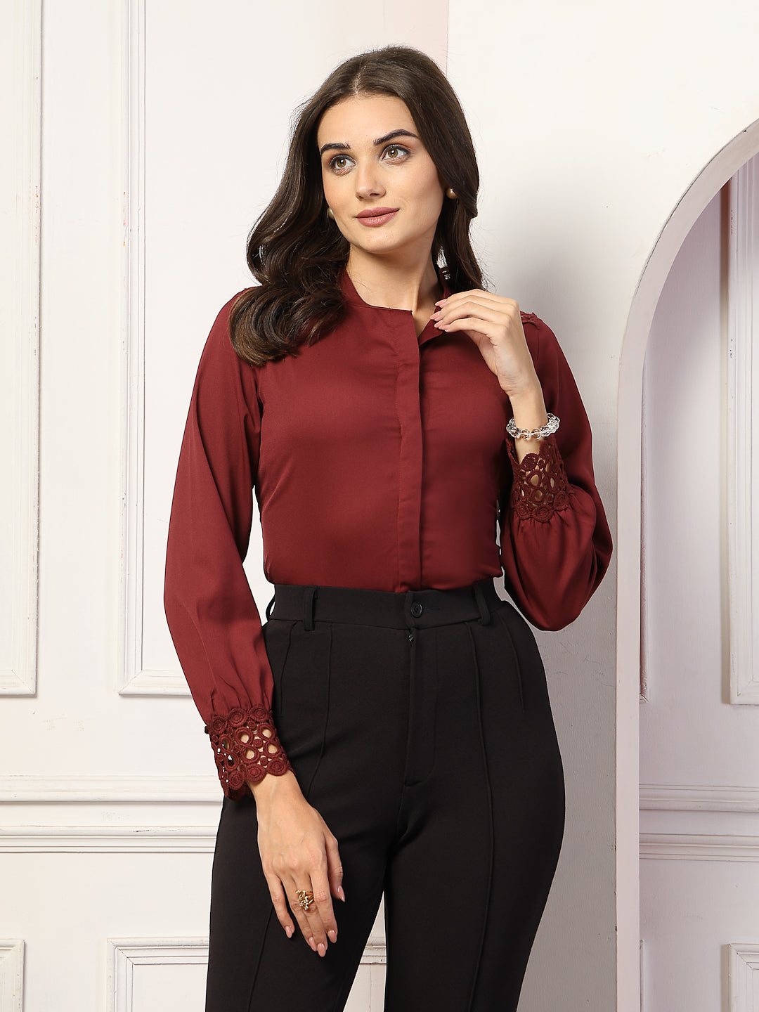 Style Quotient Women Solid Maroon Polymoss Shirt style Top-Shirts-StyleQuotient