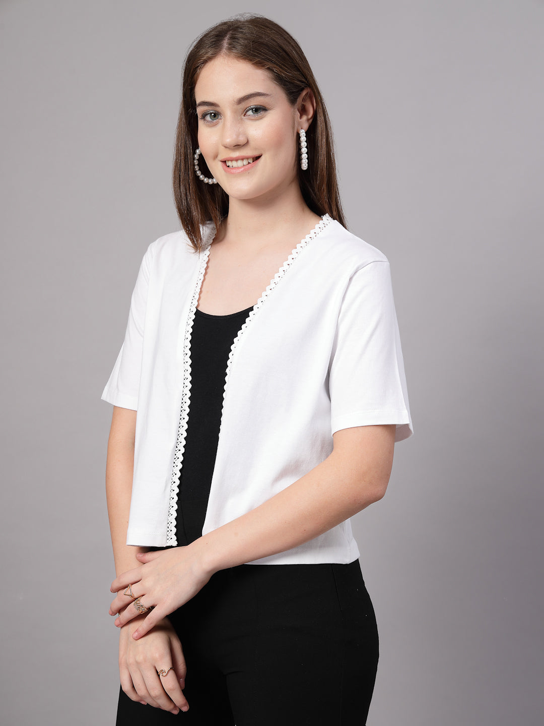 Style Quotient Women Solid White Cotton Open Front Smart Casual Shrug-Shrug-StyleQuotient