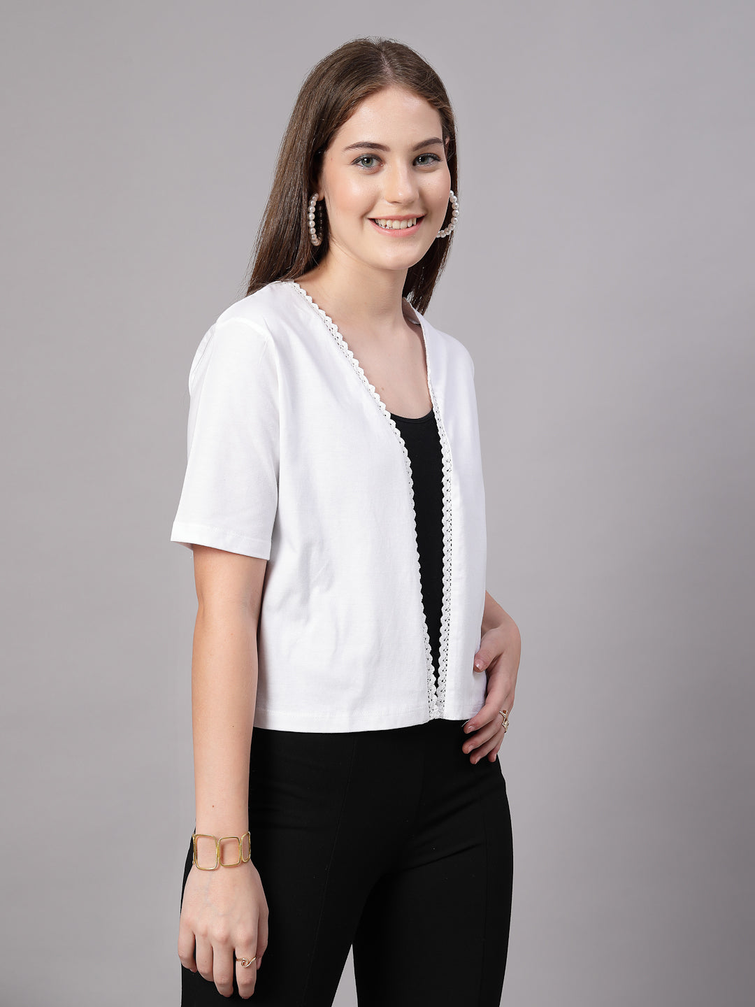 Style Quotient Women Solid White Cotton Open Front Smart Casual Shrug-Shrug-StyleQuotient