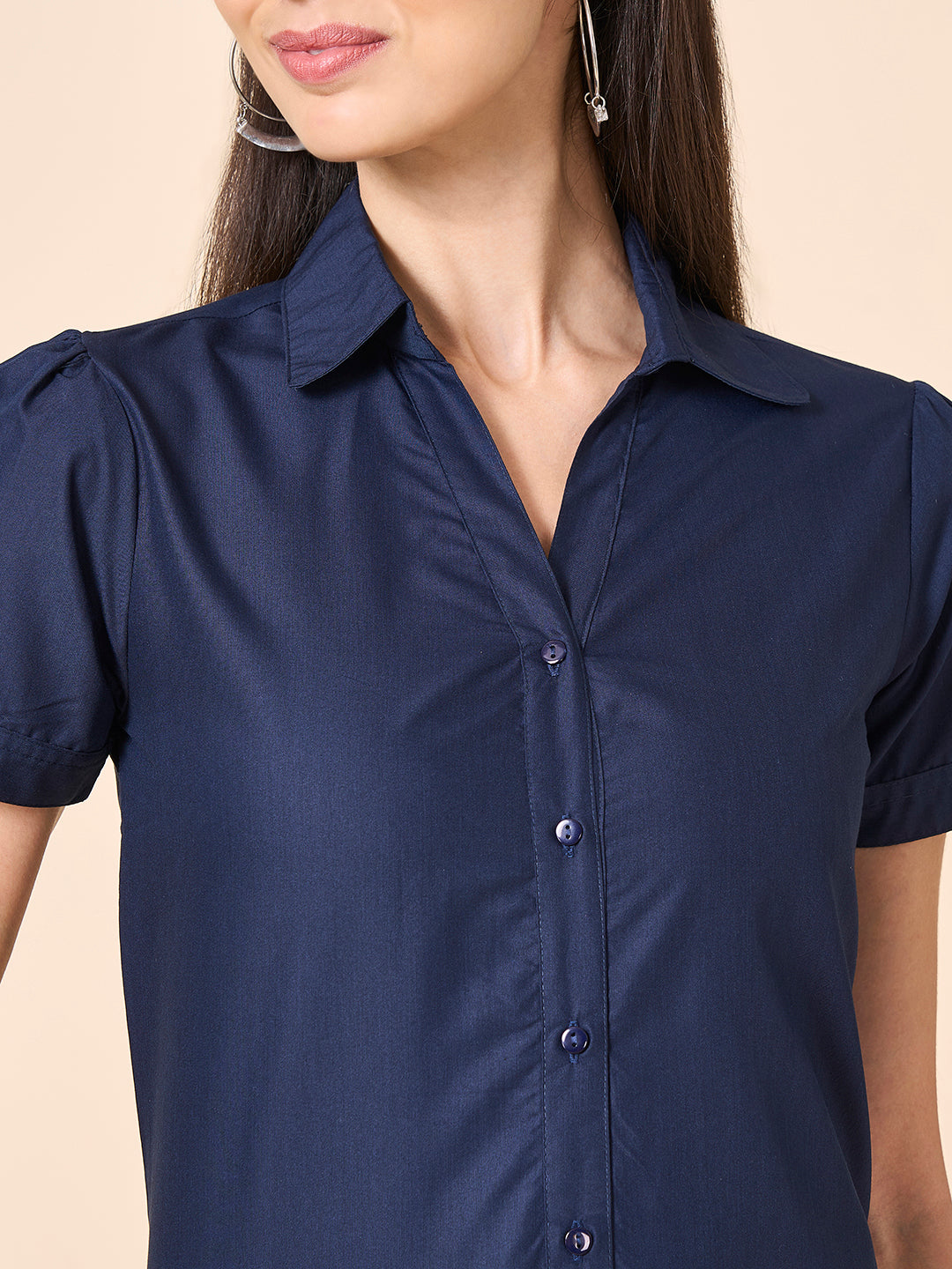 Style Quotient Women solid navy poly cotton shirt-Shirts-StyleQuotient