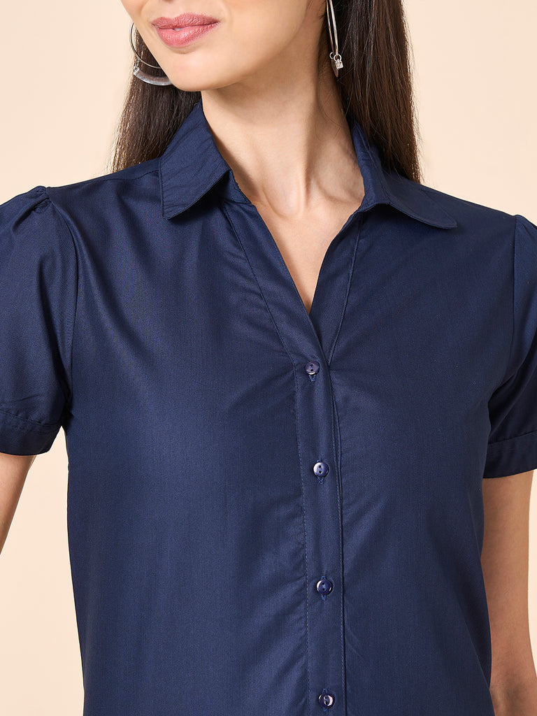 Style Quotient Women solid navy poly cotton shirt-Shirts-StyleQuotient