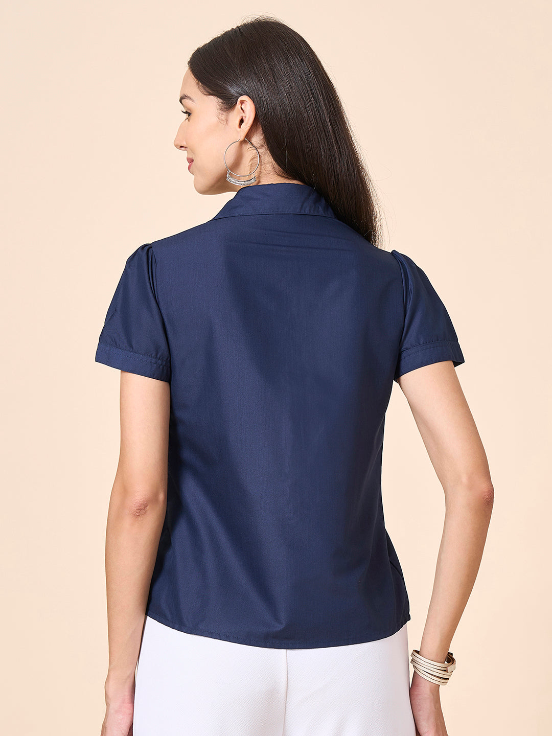 Style Quotient Women solid navy poly cotton shirt-Shirts-StyleQuotient