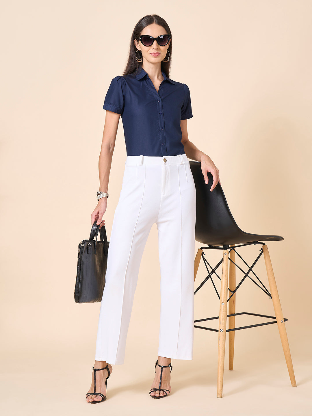 Style Quotient Women solid navy poly cotton shirt-Shirts-StyleQuotient