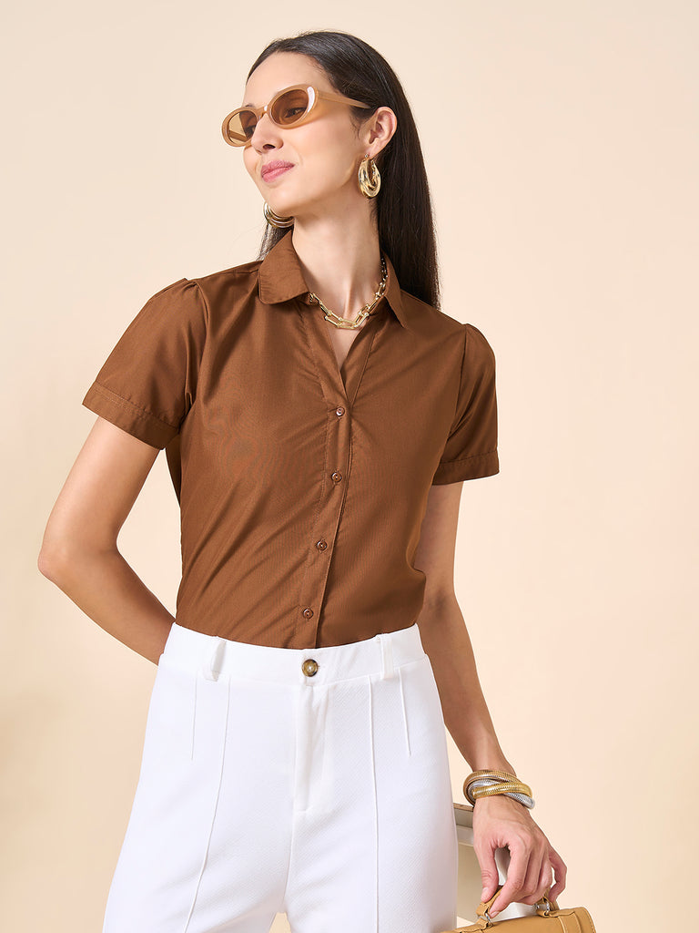Style Quotient Women solid tan poly cotton shirt-Shirts-StyleQuotient