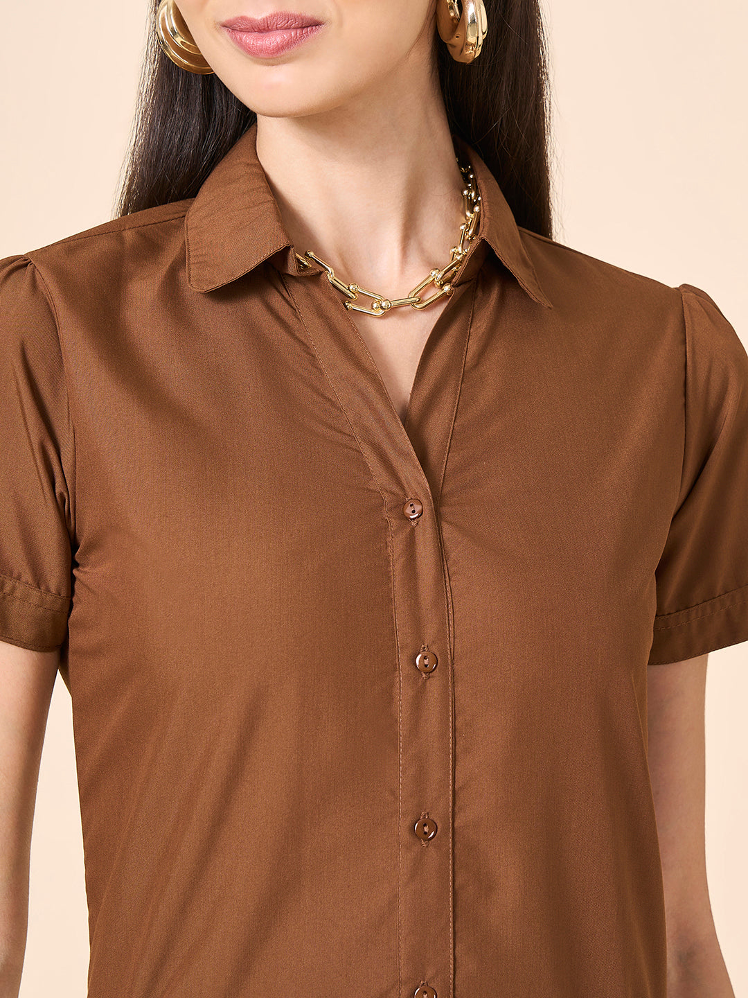 Style Quotient Women solid tan poly cotton shirt-Shirts-StyleQuotient