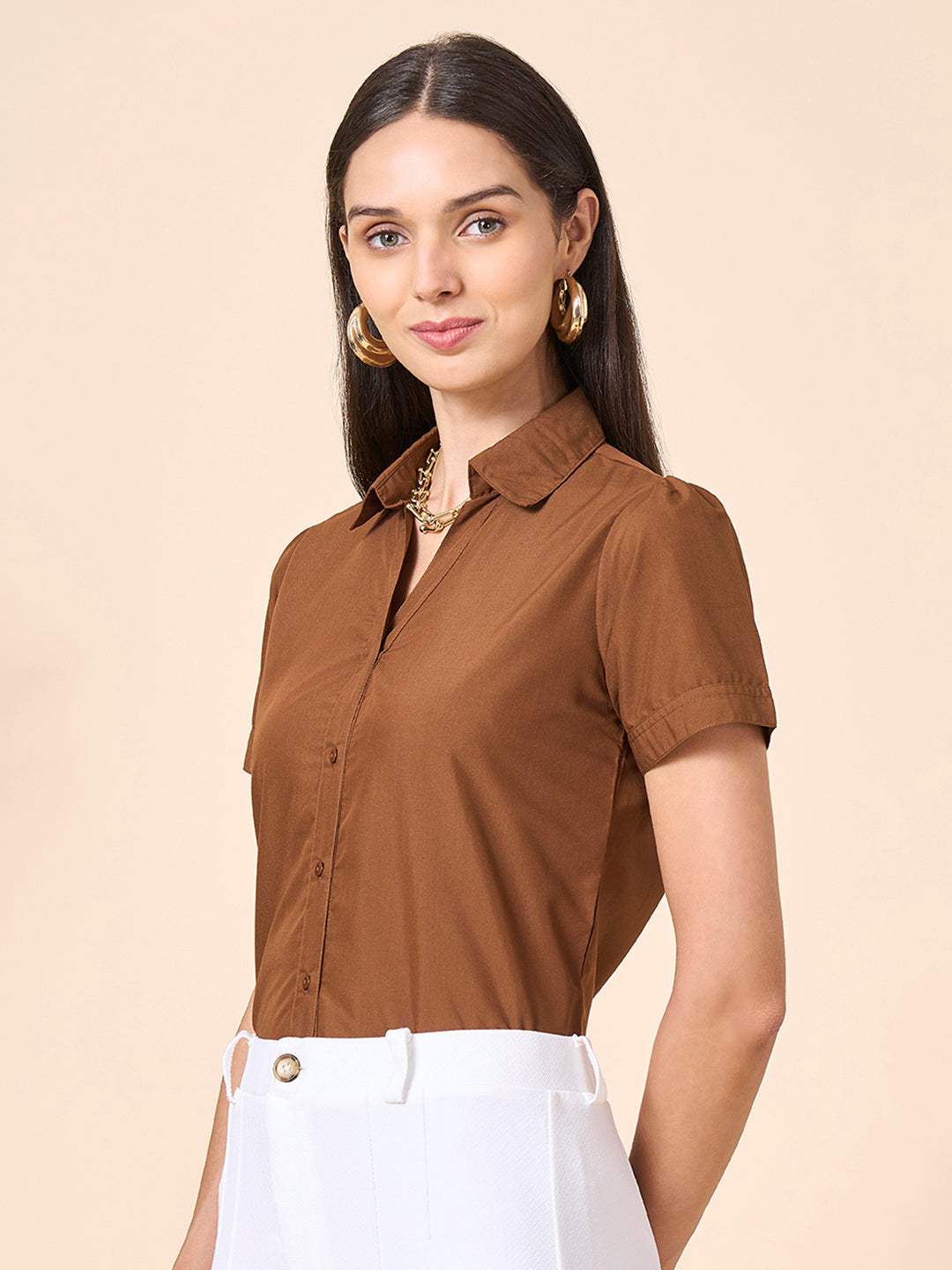 Style Quotient Women solid tan poly cotton shirt-Shirts-StyleQuotient