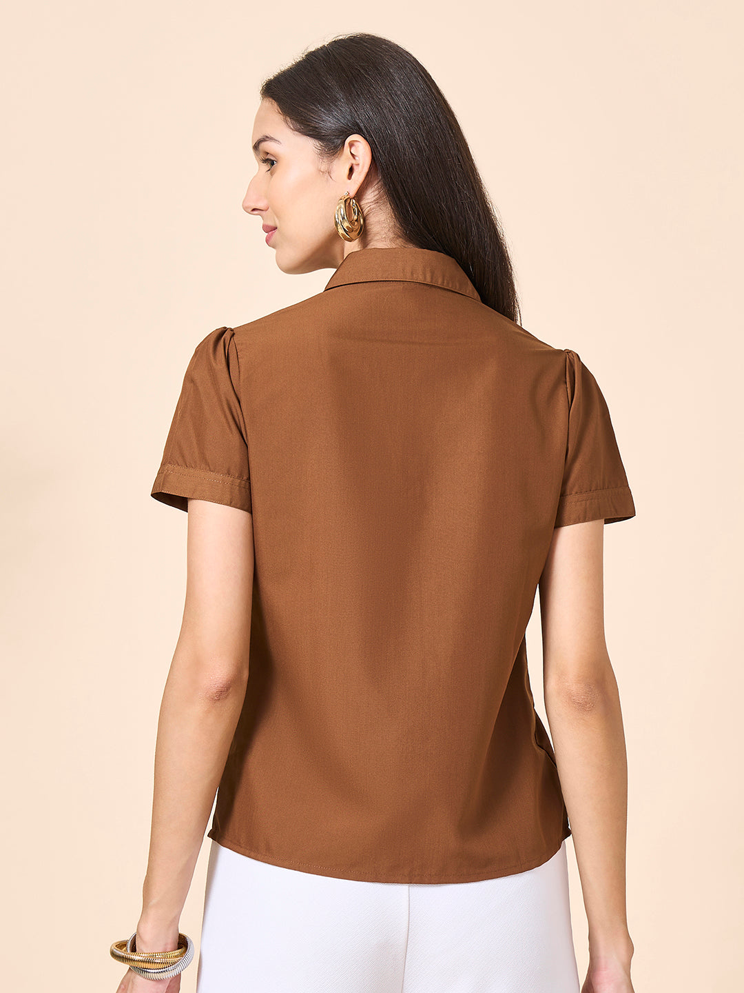 Style Quotient Women solid tan poly cotton shirt-Shirts-StyleQuotient