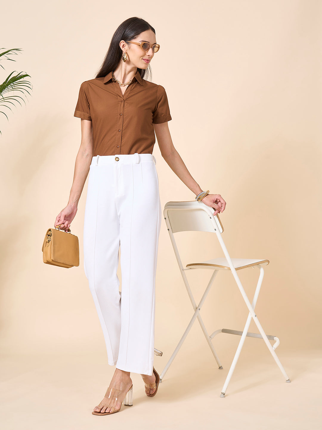 Style Quotient Women solid tan poly cotton shirt-Shirts-StyleQuotient