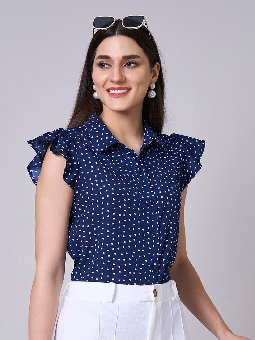 Style Quotient Women polka dot navy white crepe shirt-Shirts-StyleQuotient