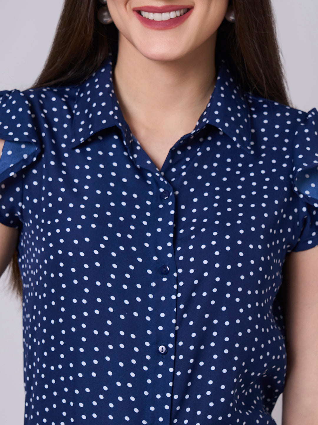 Style Quotient Women polka dot navy white crepe shirt-Shirts-StyleQuotient
