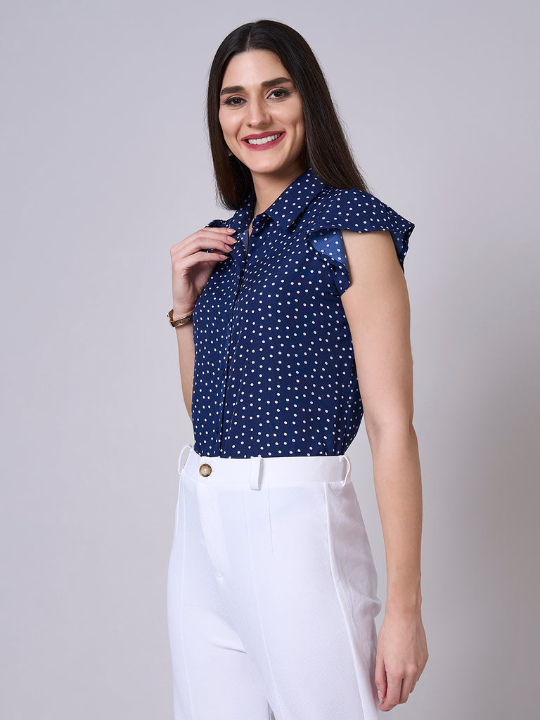 Style Quotient Women polka dot navy white crepe shirt-Shirts-StyleQuotient