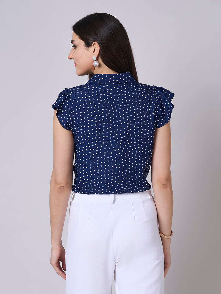 Style Quotient Women polka dot navy white crepe shirt-Shirts-StyleQuotient