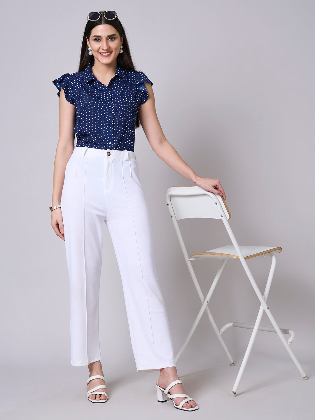 Style Quotient Women polka dot navy white crepe shirt-Shirts-StyleQuotient