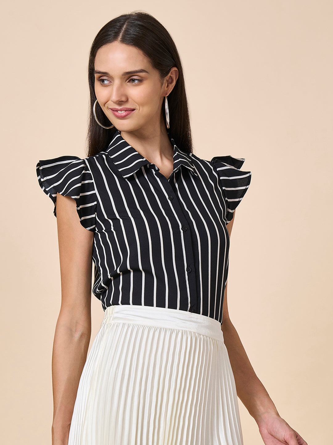 Style Quotient Women stripe black white crepe shirt-Shirts-StyleQuotient