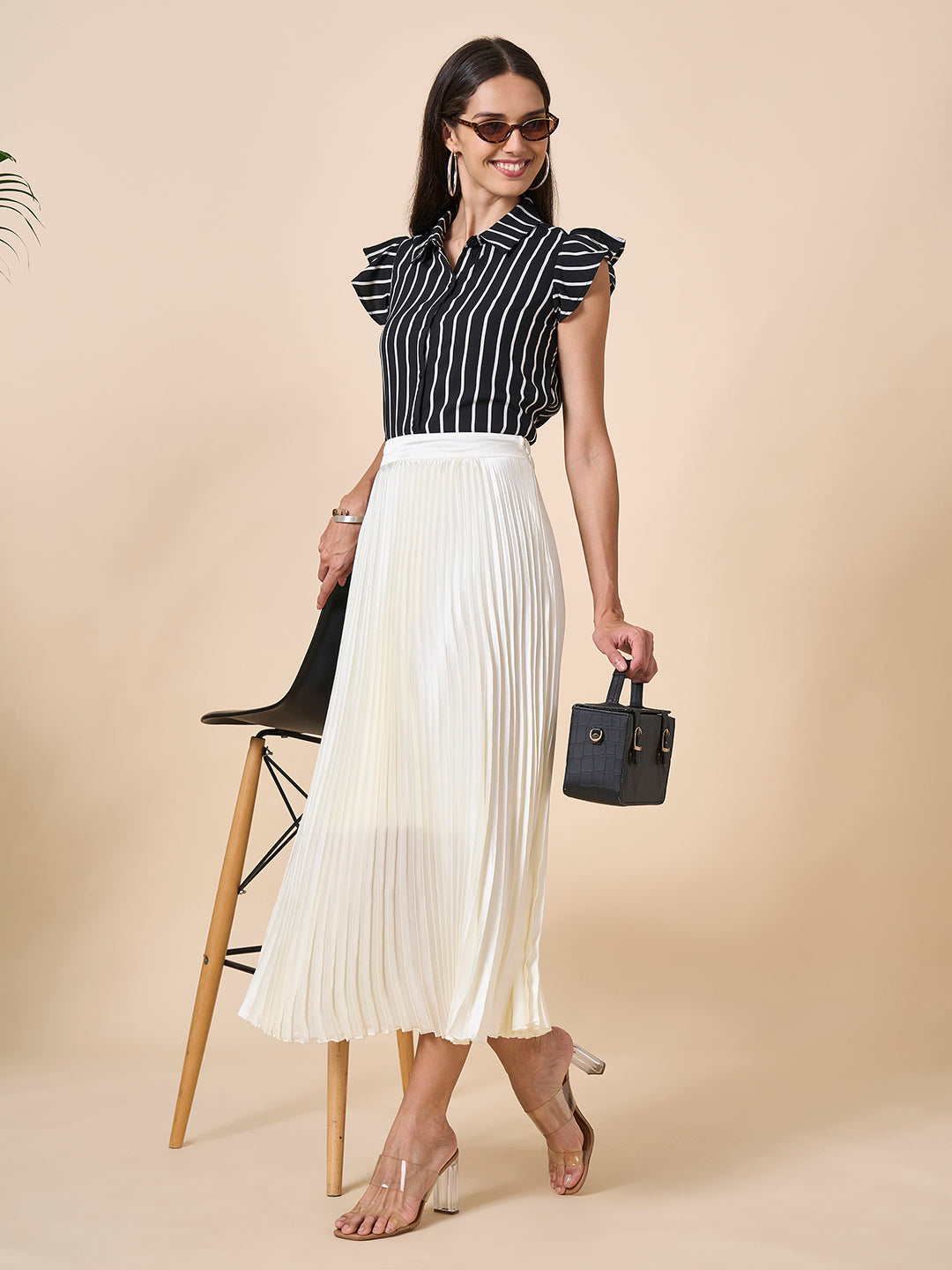 Style Quotient Women stripe black white crepe shirt-Shirts-StyleQuotient