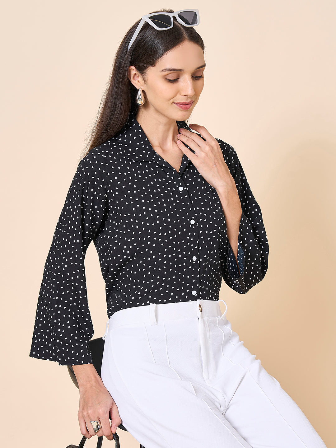 Style Quotient Women Polycrepe Printed Polka Dot Smart Casual Shirt-Shirts-StyleQuotient