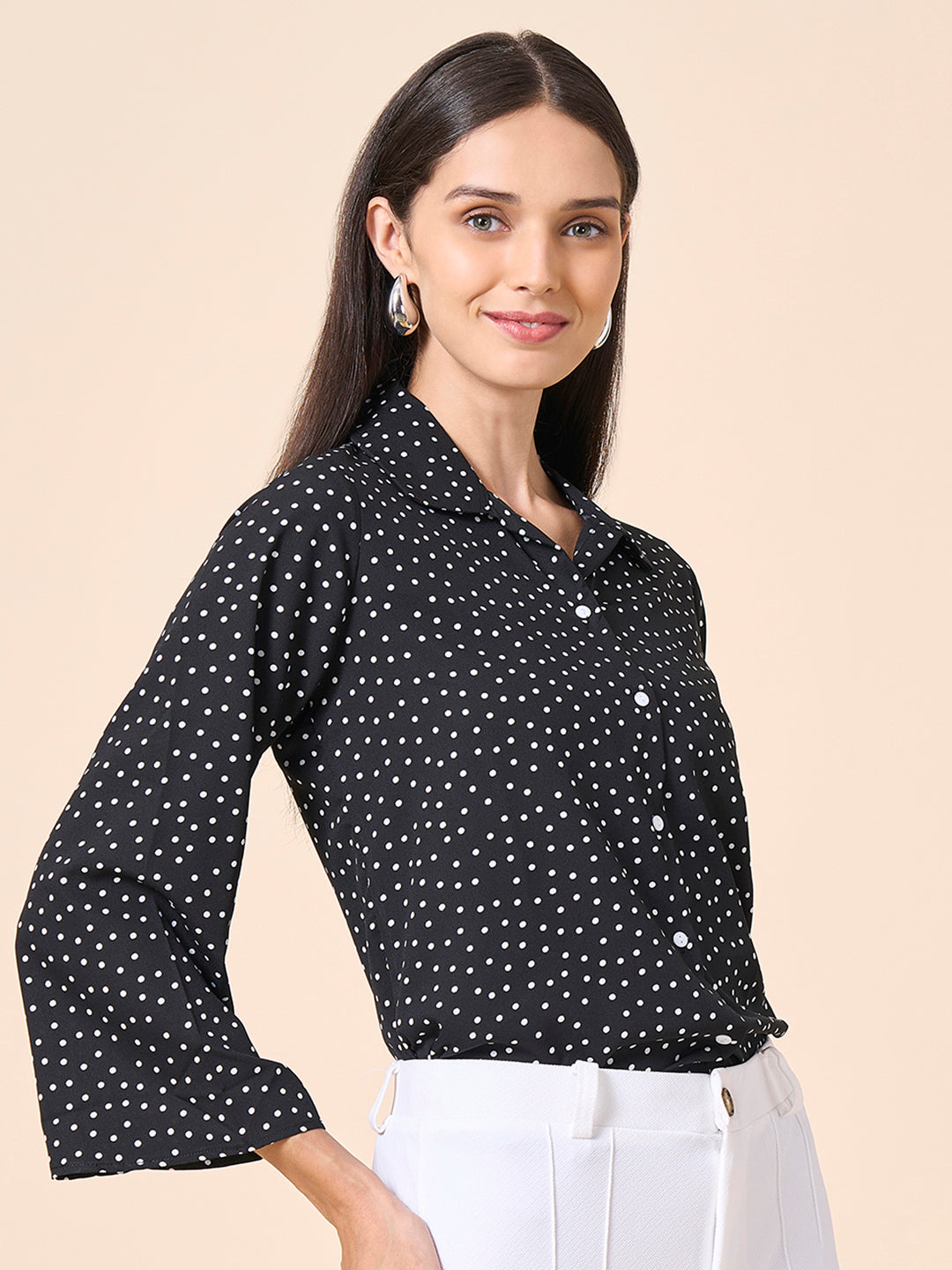 Style Quotient Women Polycrepe Printed Polka Dot Smart Casual Shirt-Shirts-StyleQuotient