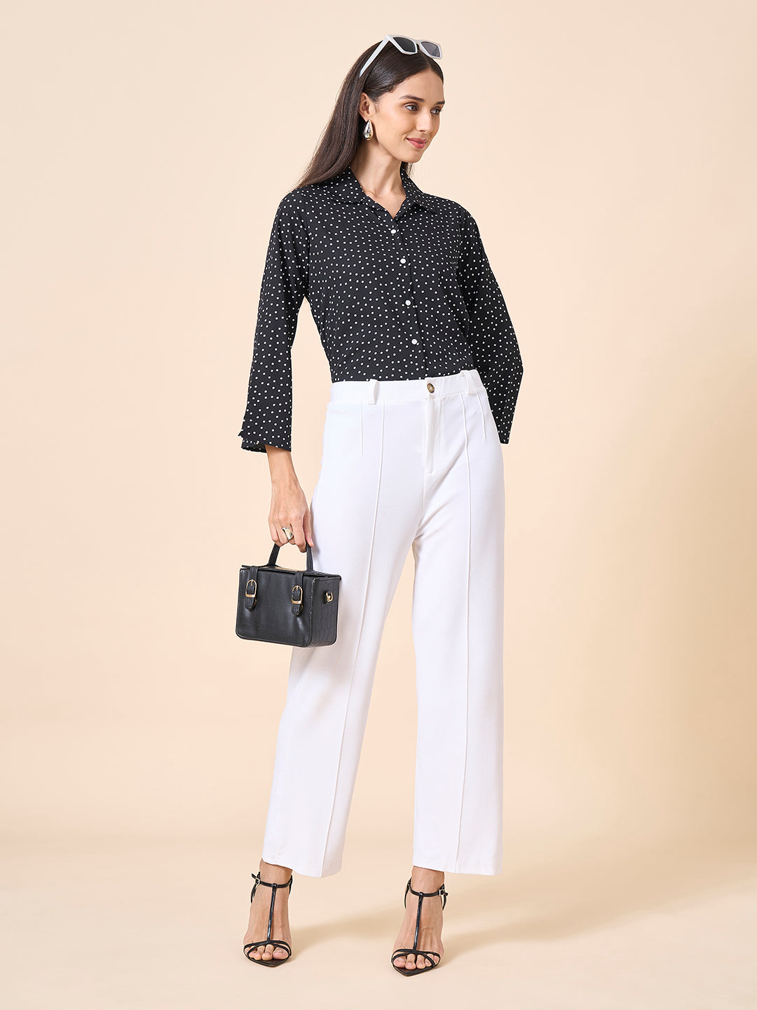 Style Quotient Women Polycrepe Printed Polka Dot Smart Casual Shirt-Shirts-StyleQuotient