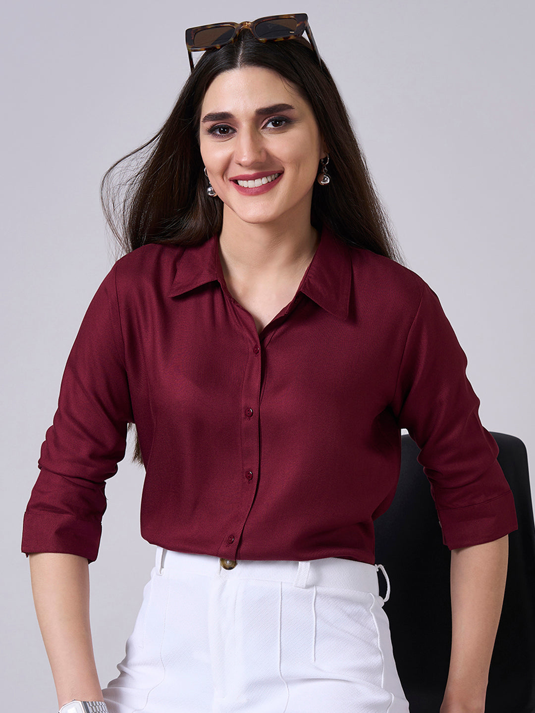 Style Quotient Women Solid Maroon Rayon Twill Formal Shirt-Shirts-StyleQuotient
