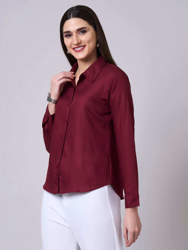 Style Quotient Women Solid Maroon Rayon Twill Formal Shirt-Shirts-StyleQuotient