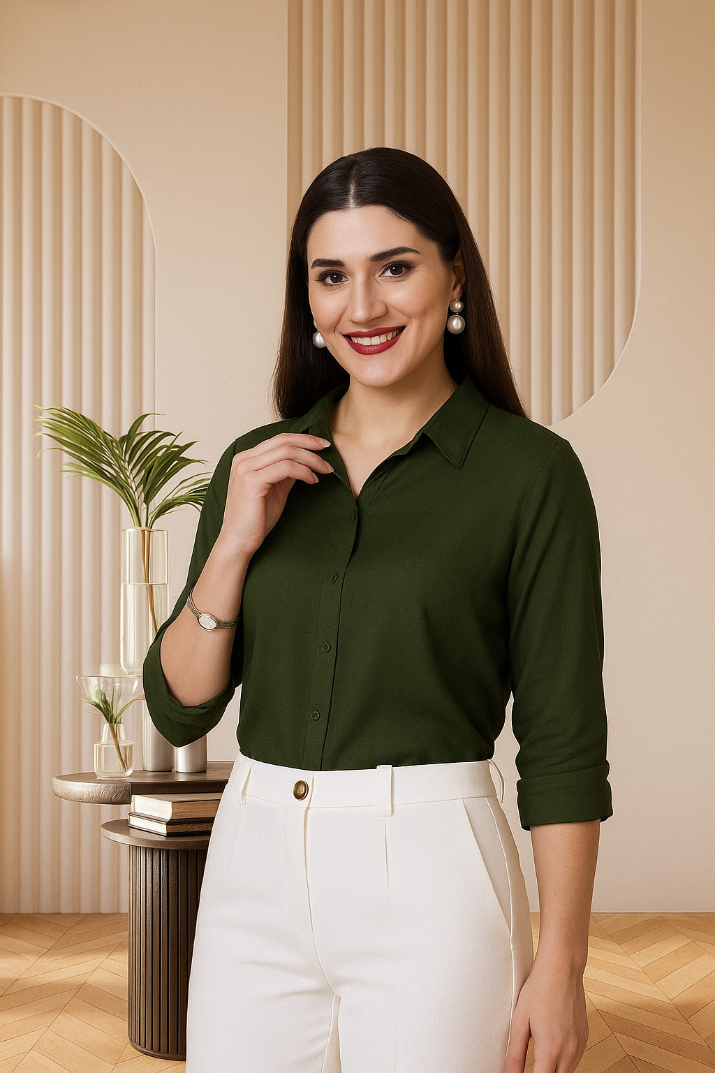 Style Quotient Women Solid Olive Rayon Twill Formal Shirt-Shirts-StyleQuotient