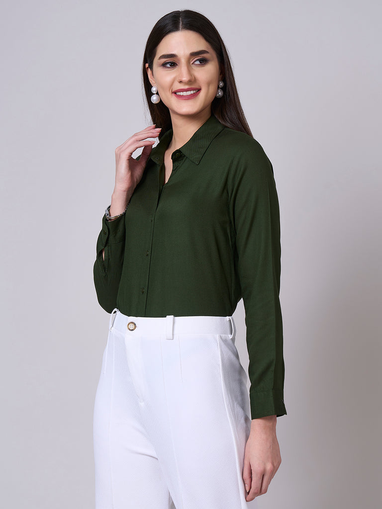 Style Quotient Women Solid Olive Rayon Twill Formal Shirt-Shirts-StyleQuotient