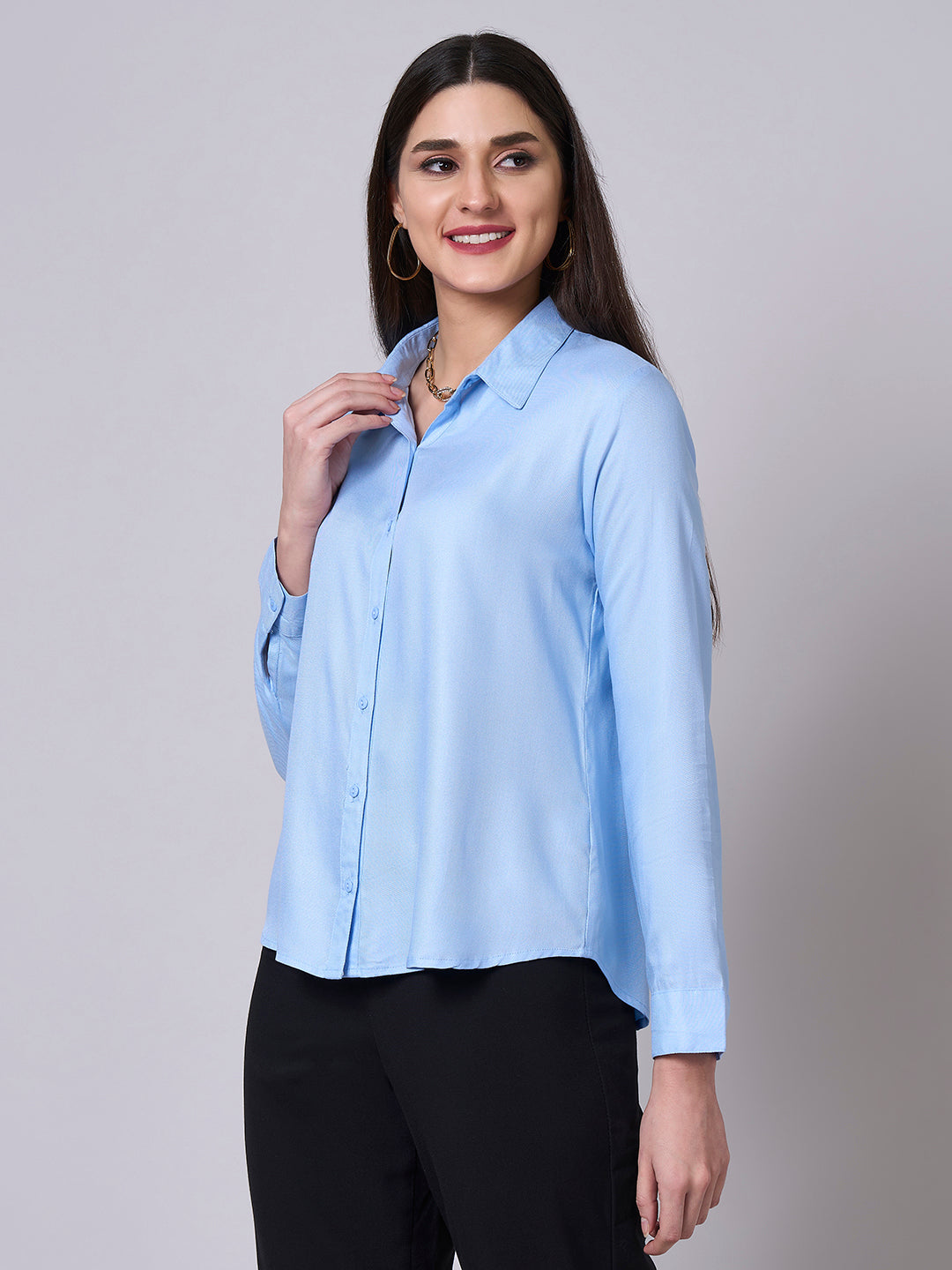 Style Quotient Women Solid Sky Blue Rayon Twill Formal Shirt-Shirts-StyleQuotient