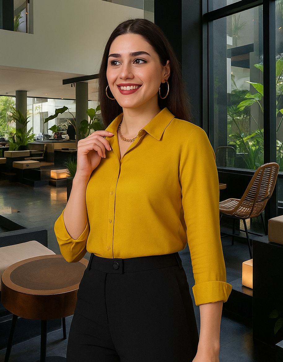 Style Quotient Women Solid Mustard Rayon Twill Formal Shirt-Shirts-StyleQuotient