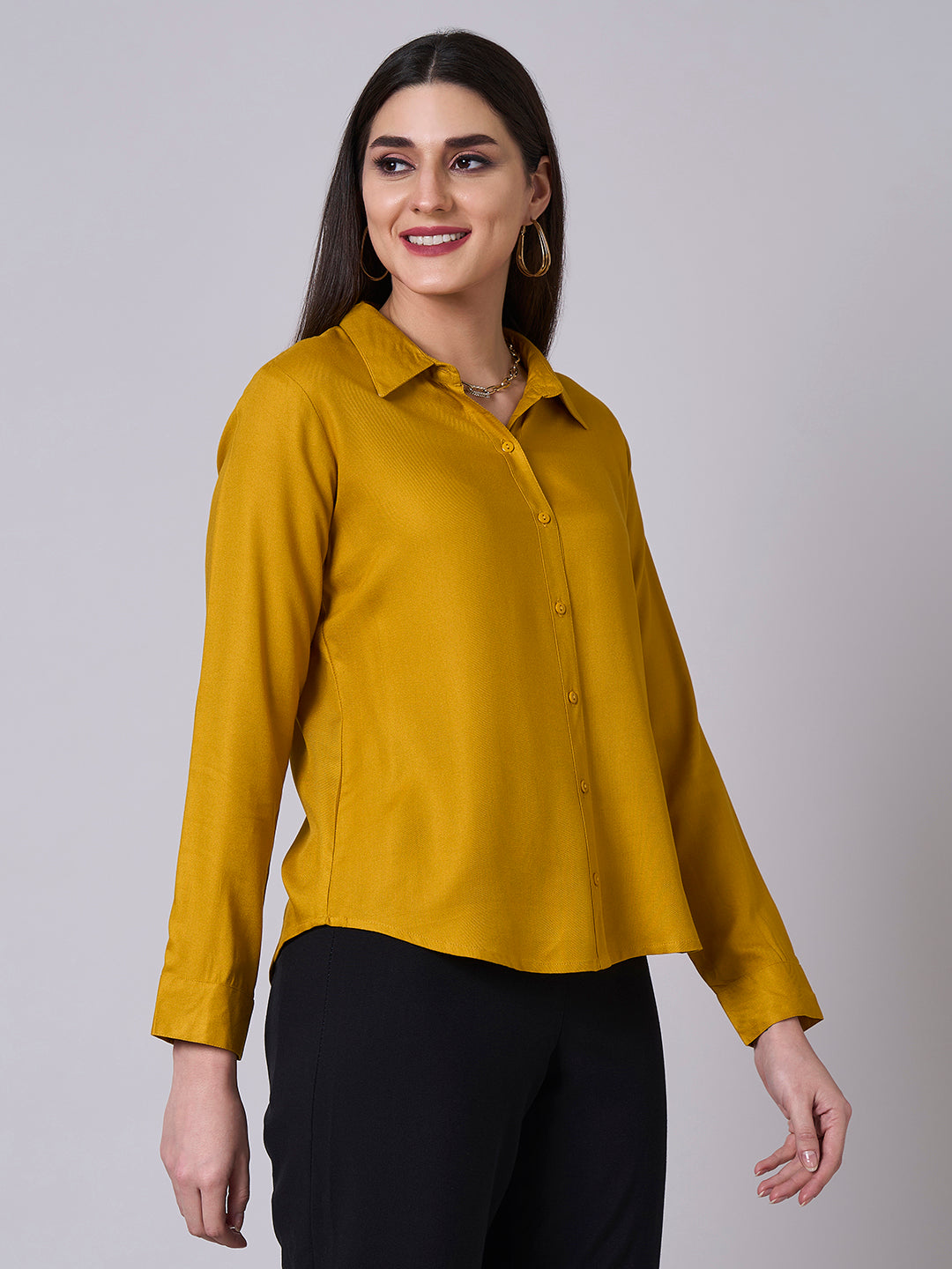 Style Quotient Women Solid Mustard Rayon Twill Formal Shirt-Shirts-StyleQuotient