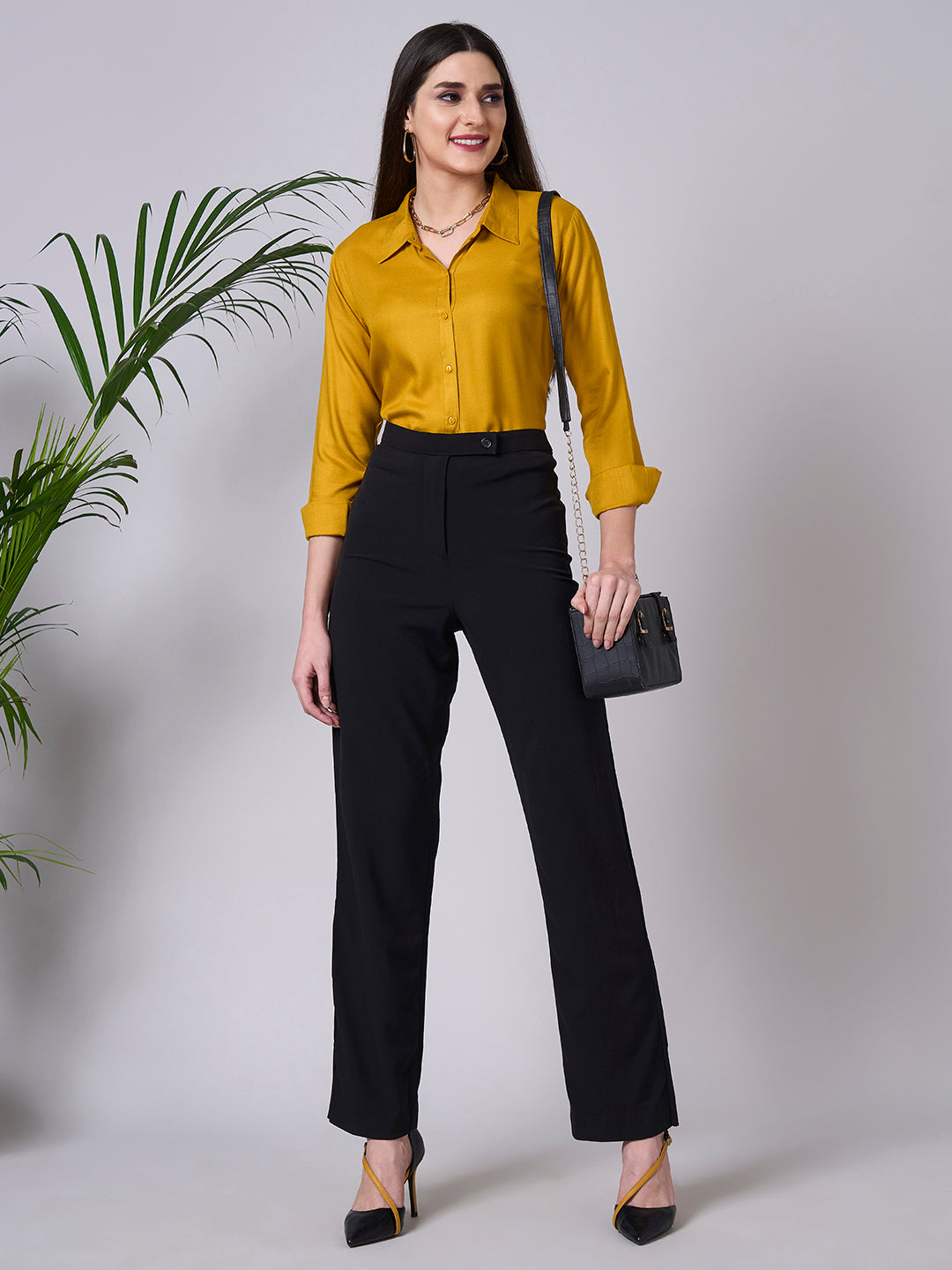 Style Quotient Women Solid Mustard Rayon Twill Formal Shirt-Shirts-StyleQuotient