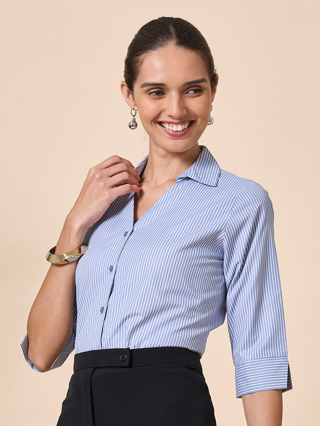 Style Quotient Women Stripe Grey White Polycotton Formal Shirt-Shirts-StyleQuotient