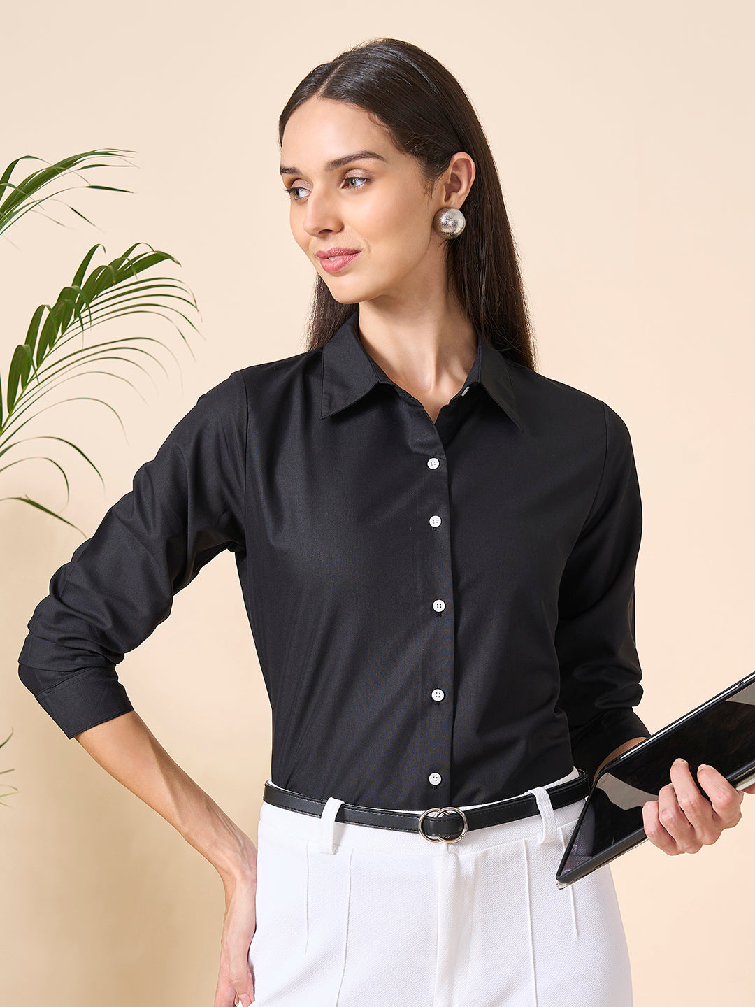 Style Quotient Women Solid Black Polycotton Formal Shirt-Shirts-StyleQuotient