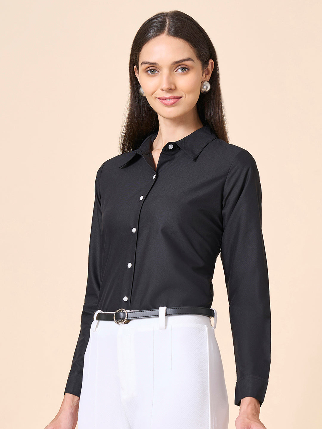 Style Quotient Women Solid Black Polycotton Formal Shirt-Shirts-StyleQuotient