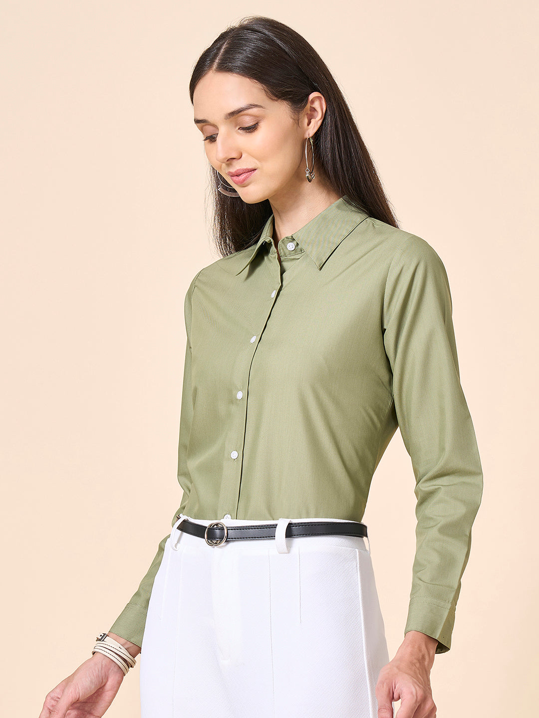 Style Quotient Women Solid Light Olive Polycotton Formal Shirt-Shirts-StyleQuotient