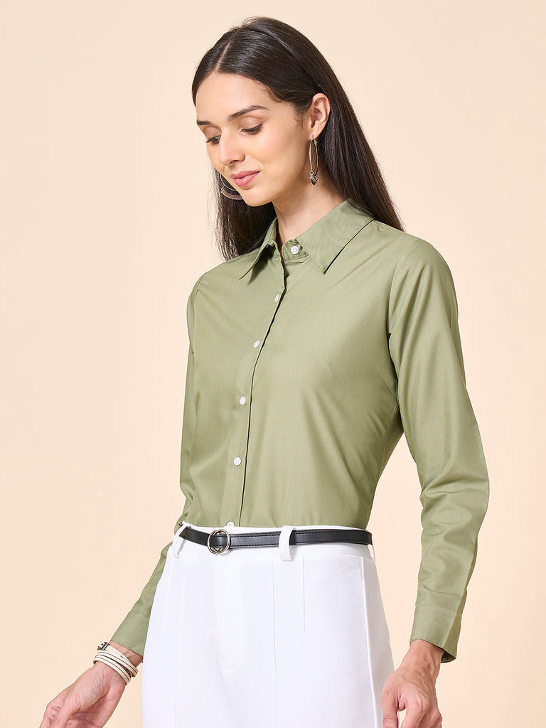 Style Quotient Women Solid Light Olive Polycotton Formal Shirt-Shirts-StyleQuotient