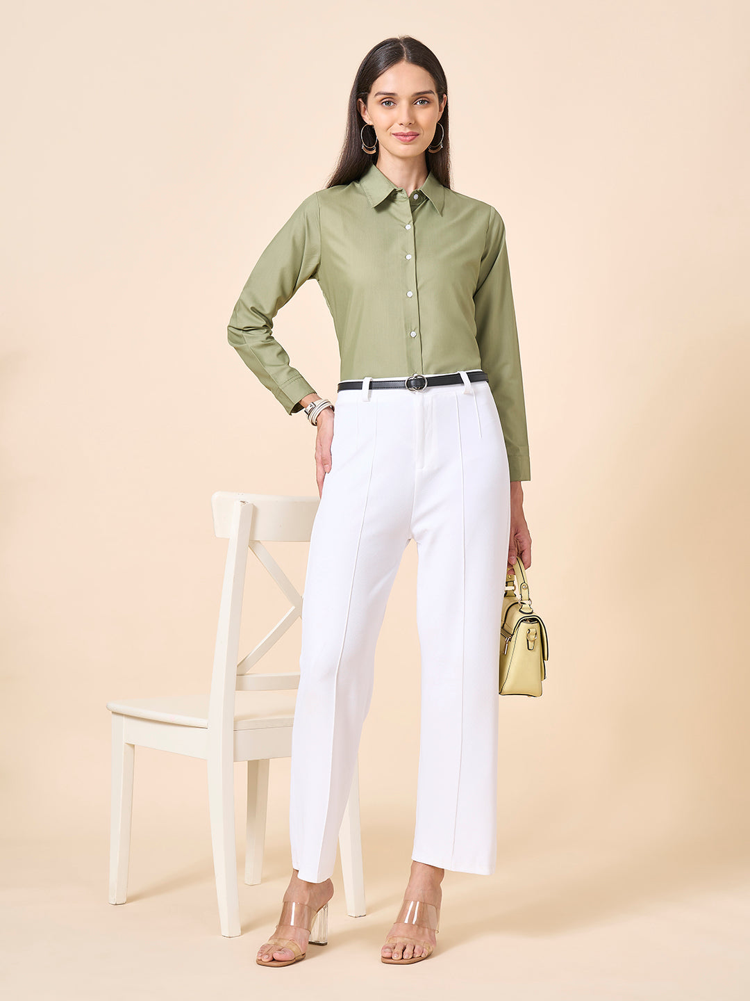 Style Quotient Women Solid Light Olive Polycotton Formal Shirt-Shirts-StyleQuotient