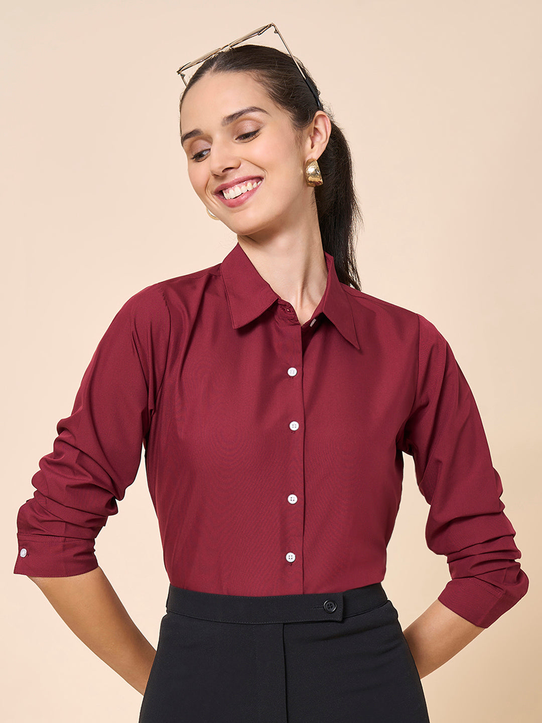 Style Quotient Women Solid Maroon Polycotton Formal Shirt-Shirts-StyleQuotient
