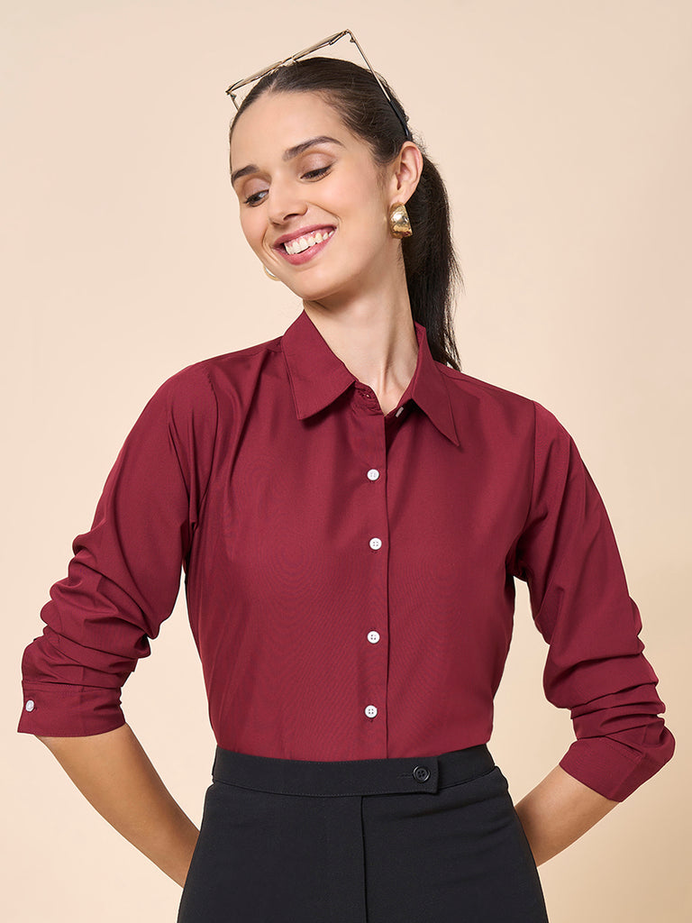 Style Quotient Women Solid Maroon Polycotton Formal Shirt-Shirts-StyleQuotient