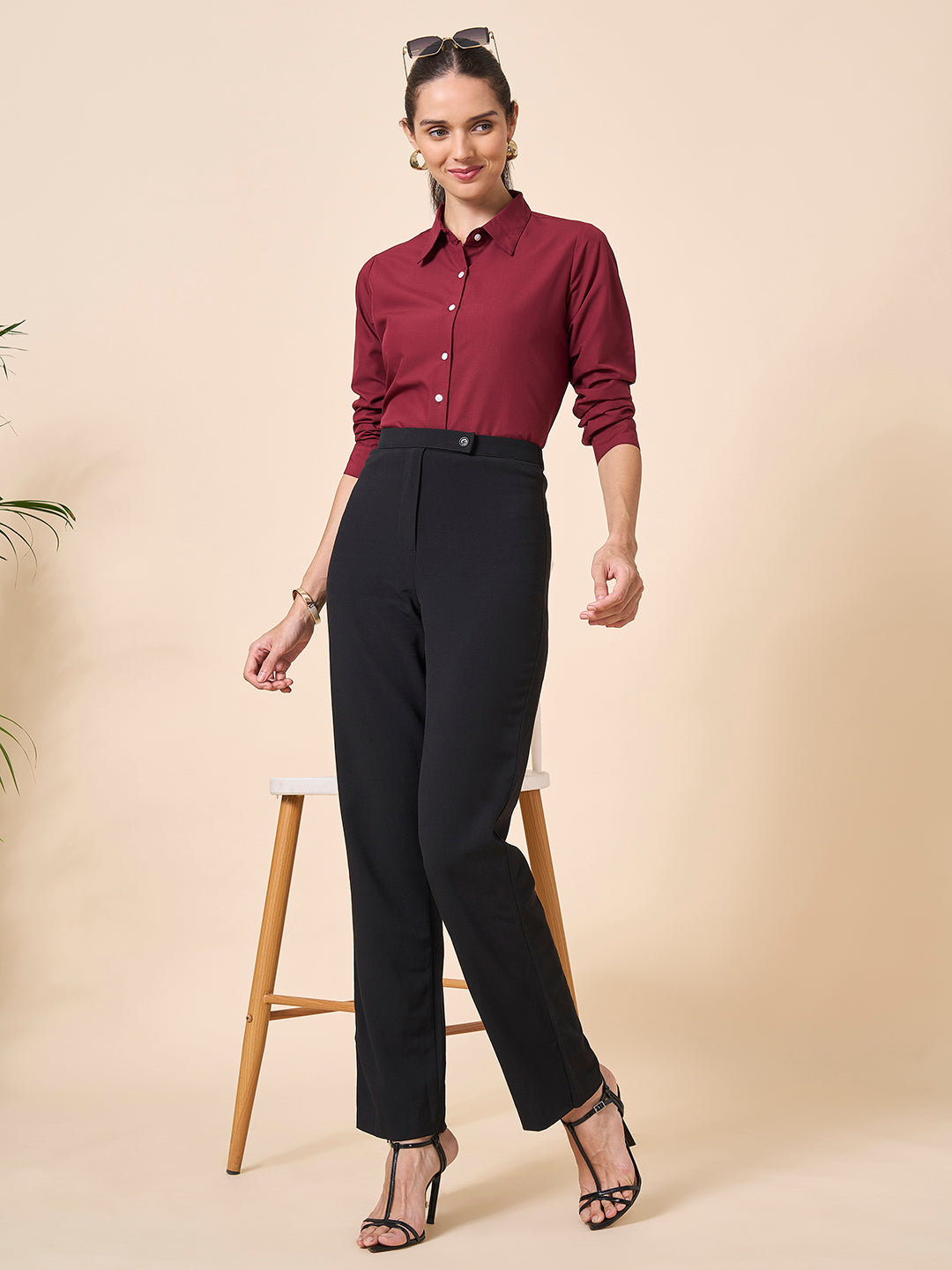 Style Quotient Women Solid Maroon Polycotton Formal Shirt-Shirts-StyleQuotient