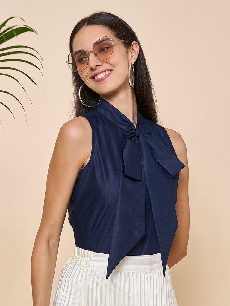 Style Quotient Women Solid Navy Polycotton Formal Top-Tops-StyleQuotient
