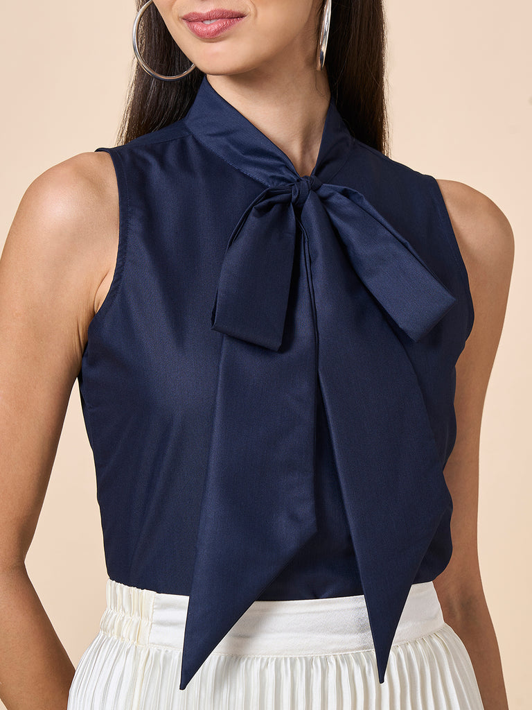 Style Quotient Women Solid Navy Polycotton Formal Top-Tops-StyleQuotient