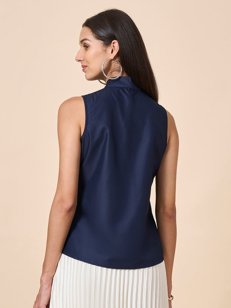 Style Quotient Women Solid Navy Polycotton Formal Top-Tops-StyleQuotient