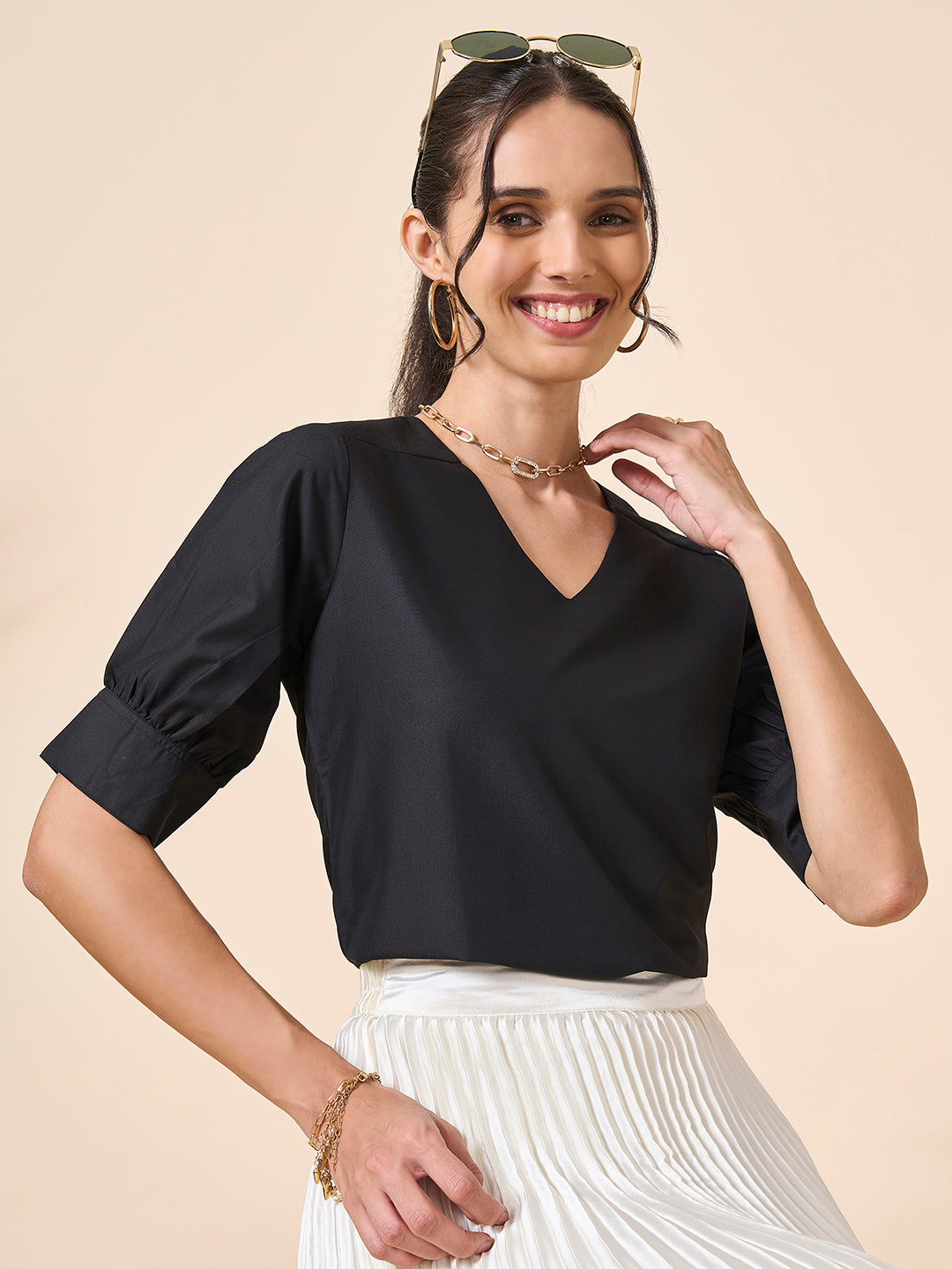 Style Quotient Women Black PolyCotton Formal Top-Tops-StyleQuotient