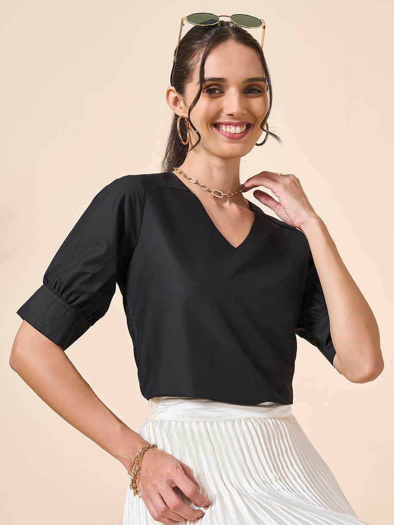 Style Quotient Women Black PolyCotton Formal Top-Tops-StyleQuotient