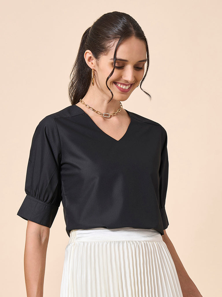 Style Quotient Women Black PolyCotton Formal Top-Tops-StyleQuotient