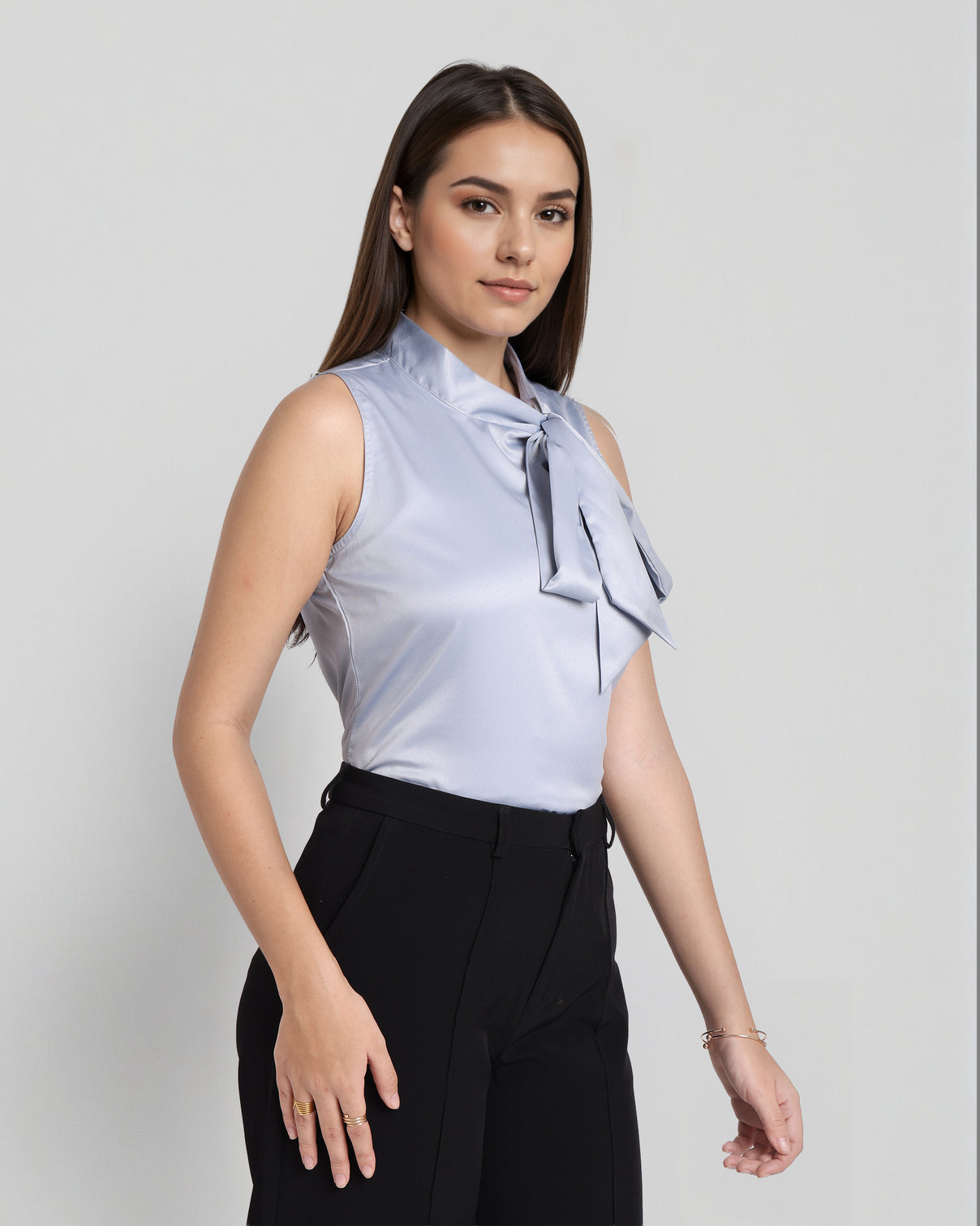 Style Quotient Women Solid Light Grey Regular Fit Formal Satin Top-Tops-StyleQuotient
