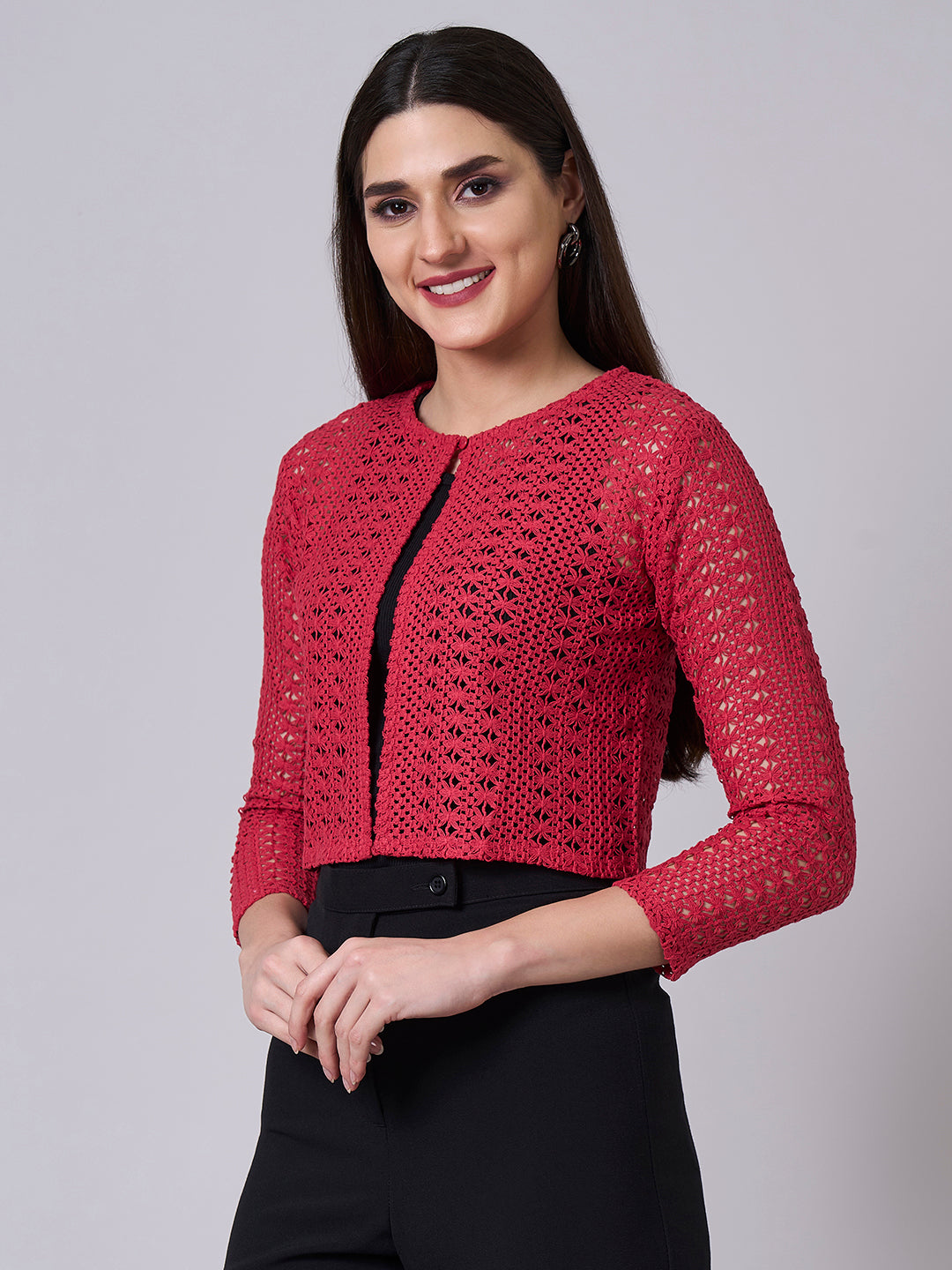 Style Quotient Women Cotton Red Lace Self Design Shrug-Shrug-StyleQuotient